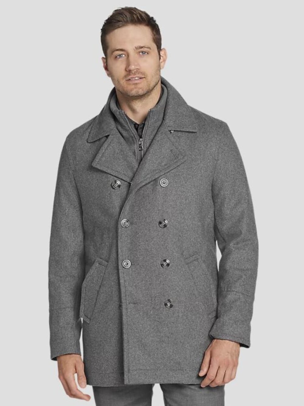 NWOT Joseph Abboud REMOVEABLE ZIPPER BIB Gray Wool Pea Coat Wide Lapel XXL